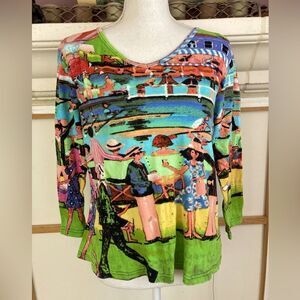 Vintage Orientique Australia Colorful people and Dog print Women's Top V neck